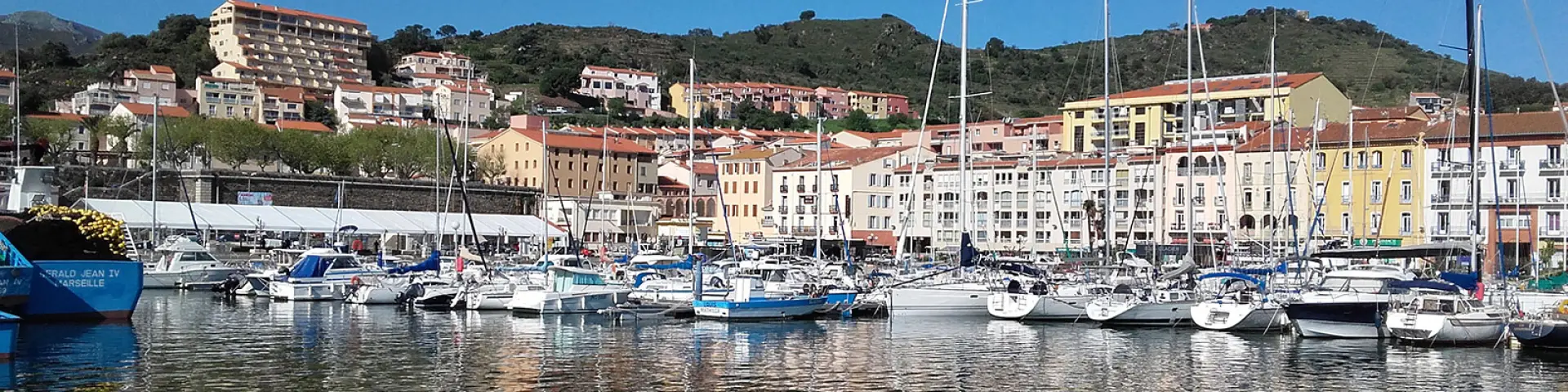 Vue du port de Port-Vendres avec ses voiliers amarrés et les façades colorées des bâtiments bordant le quai sous un ciel bleu.