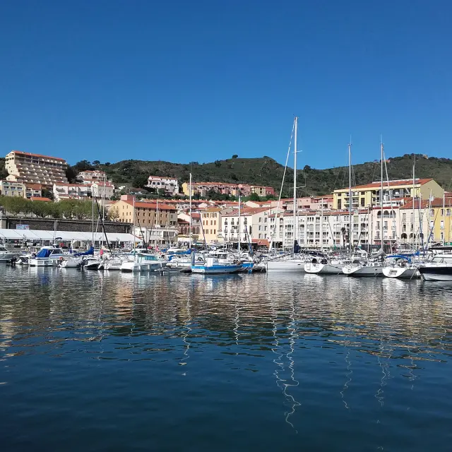 Vue du port de Port-Vendres avec ses voiliers amarrés et les façades colorées des bâtiments bordant le quai sous un ciel bleu.