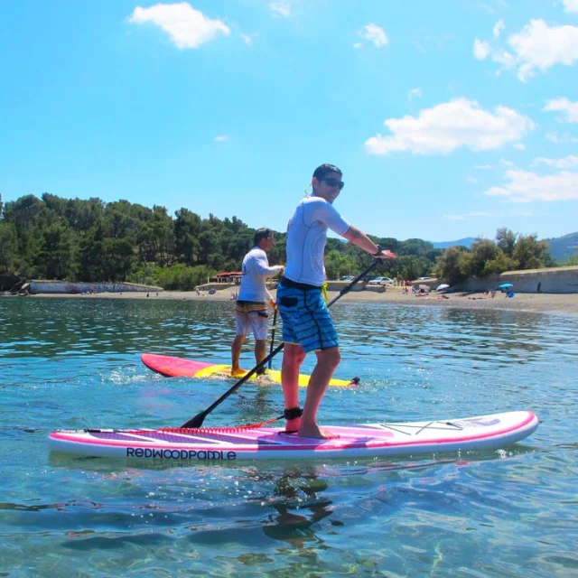 Deux personnes pagaient debout sur leurs planches de stand up paddle dans une eau turquoise, près d’une plage bordée de pins et de collines.