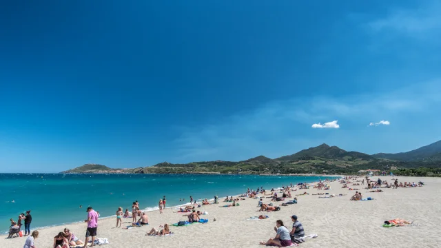 Plage de sable fin bordée par la mer turquoise à Banyuls-sur-Mer, avec des baigneurs profitant du soleil et des montagnes verdoyantes en arrière-plan.