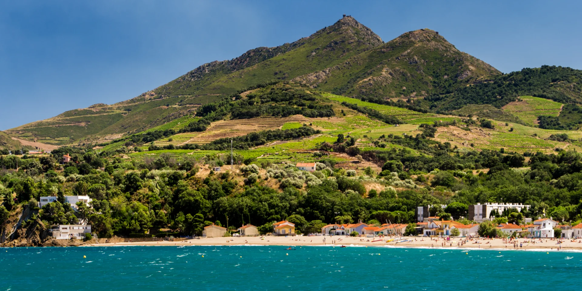 Vue sur la plage bordée de collines verdoyantes et de vignes en terrasses descendant jusqu’à la mer Méditerranée sous un ciel bleu.