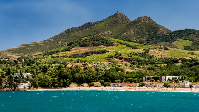 Vue sur la plage bordée de collines verdoyantes et de vignes en terrasses descendant jusqu’à la mer Méditerranée sous un ciel bleu.