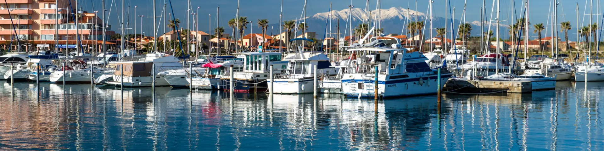 Port de plaisance animé avec voiliers et bateaux amarrés à quai, sous un ciel bleu limpide, avec en arrière-plan les montagnes enneigées du Canigó.