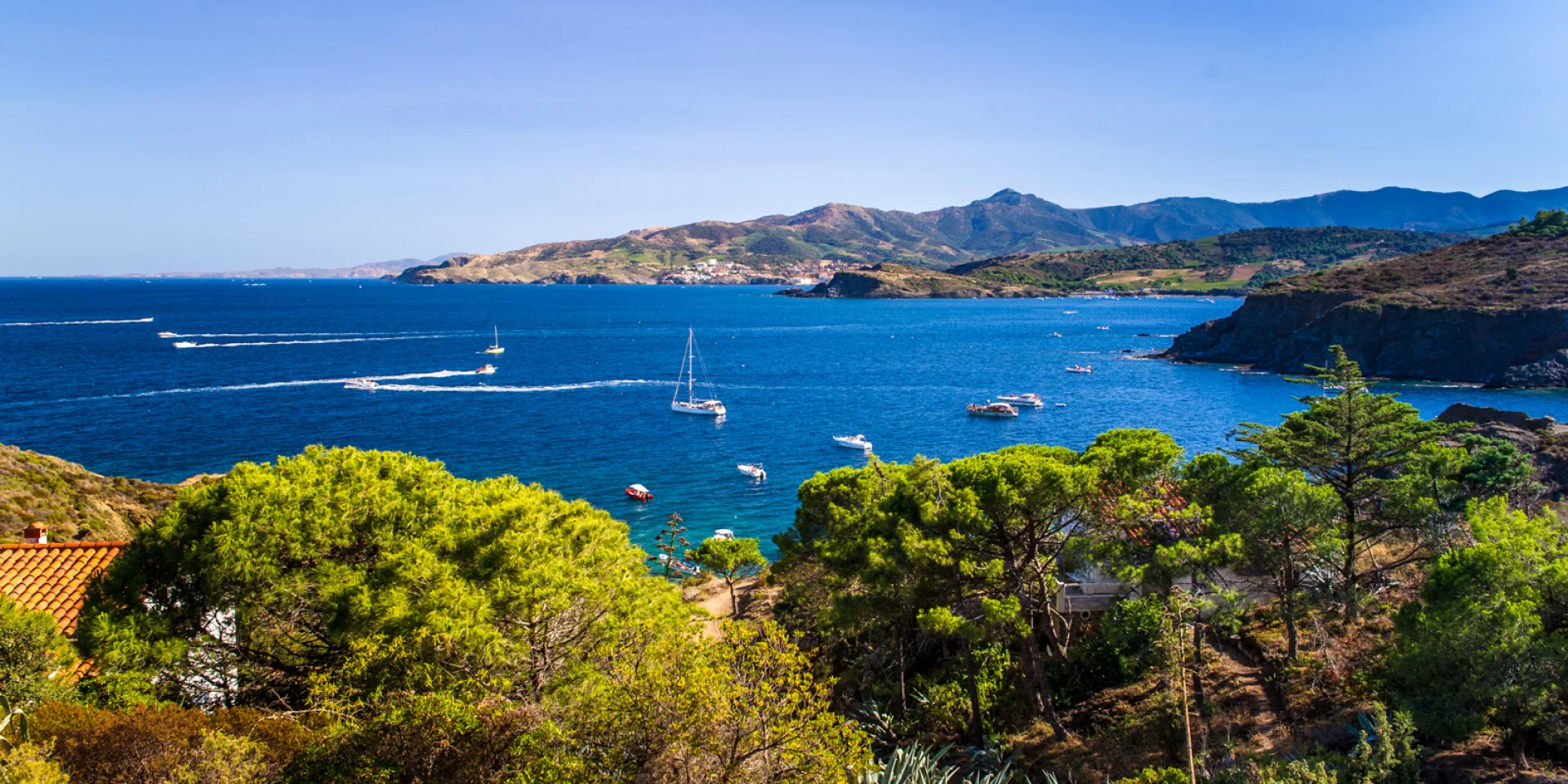 Vue panoramique sur la Côte Vermeille depuis les hauteurs, avec la mer Méditerranée d’un bleu profond, des voiliers au mouillage et les collines verdoyantes plongeant dans la mer.