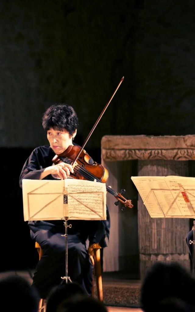 Ensemble de musiciens jouant des cordes — violons, alto et violoncelle — lors d’un concert de musique classique.