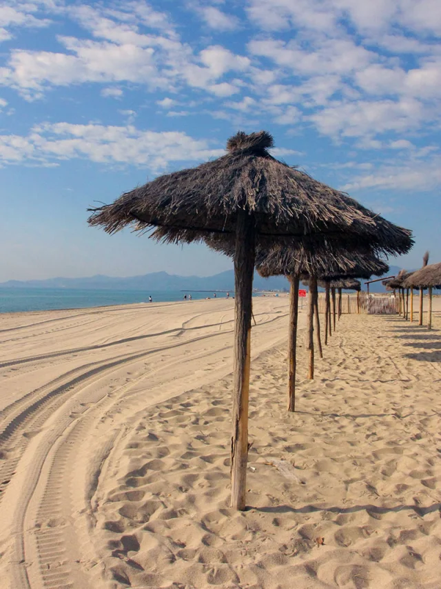 Plage de sable fin bordée de parasols en paille, avec la mer Méditerranée et les montagnes visibles à l’horizon sous un ciel bleu.