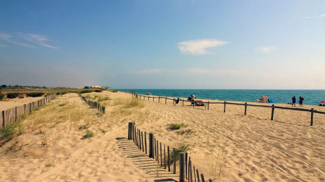 Plage naturelle de Torreilles bordée de dunes et de ganivelles en bois, avec quelques promeneurs et vacanciers face à la mer Méditerranée.