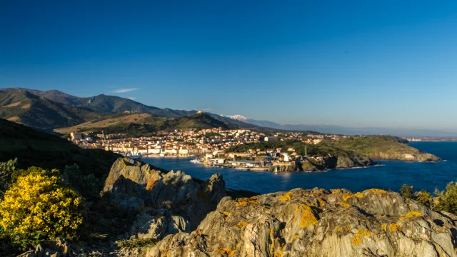 Vue panoramique sur un village côtier niché entre mer et montagnes, avec un premier plan rocheux et des fleurs jaunes, sous un ciel bleu limpide.