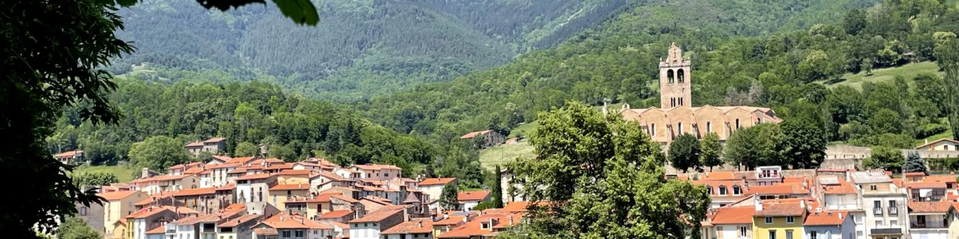 Vue générale du village fortifié de Prats-de-Mollo-La-Preste, dominé par l’église Saintes-Juste-et-Ruffine, au cœur des montagnes verdoyantes du Haut-Vallespir.
