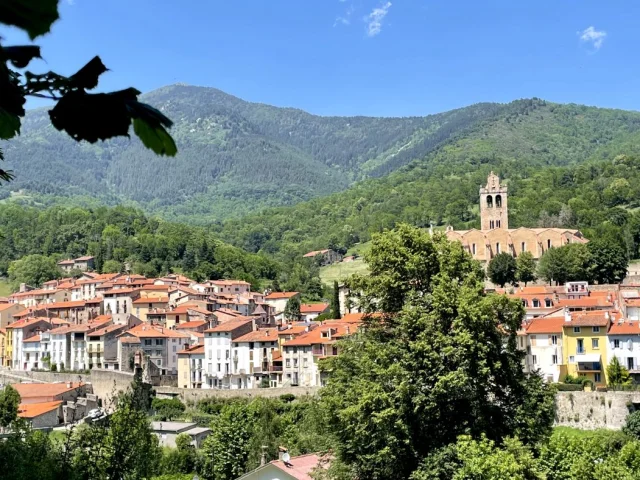 Vue générale du village fortifié de Prats-de-Mollo-La-Preste, dominé par l’église Saintes-Juste-et-Ruffine, au cœur des montagnes verdoyantes du Haut-Vallespir.