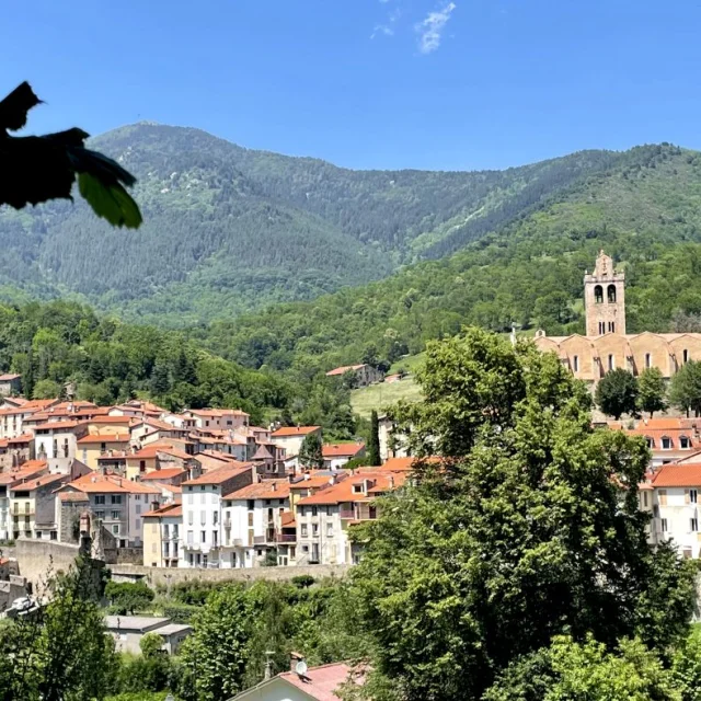 Vue générale du village fortifié de Prats-de-Mollo-La-Preste, dominé par l’église Saintes-Juste-et-Ruffine, au cœur des montagnes verdoyantes du Haut-Vallespir.