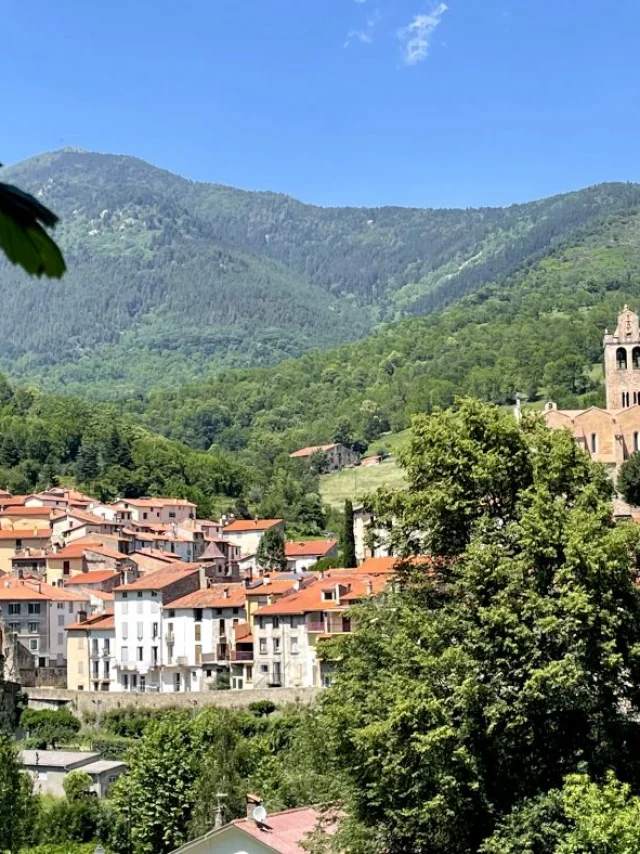 Vue générale du village fortifié de Prats-de-Mollo-La-Preste, dominé par l’église Saintes-Juste-et-Ruffine, au cœur des montagnes verdoyantes du Haut-Vallespir.