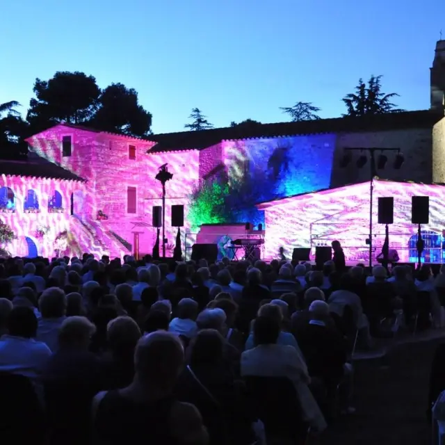 Spectacle nocturne en plein air projeté sur les façades illuminées d’un bâtiment en pierre, devant un public rassemblé dans les Pyrénées-Orientales.
