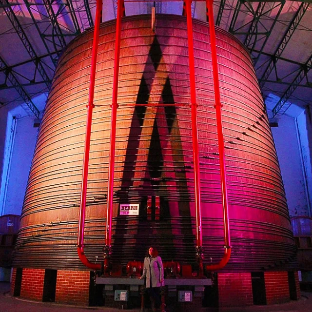 Vue impressionnante de la plus grande cuve en chêne du monde à la Cave Byrrh de Thuir, illuminée de couleurs vives, avec une personne au premier plan soulignant l’échelle monumentale du lieu.