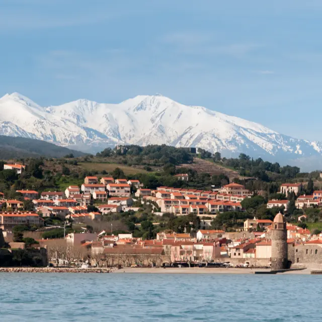 Vue sur Collioure et son clocher emblématique, avec les toits aux tuiles rouges du village et le massif du Canigó enneigé en arrière-plan.