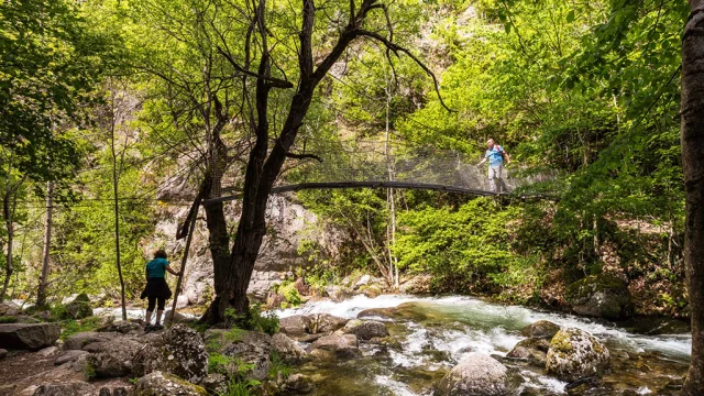 Deux randonneurs traversent un pont suspendu au-dessus d’un torrent dans les Gorges de la Carança. Le pont métallique s’intègre dans un cadre naturel verdoyant entouré d’arbres et de rochers.