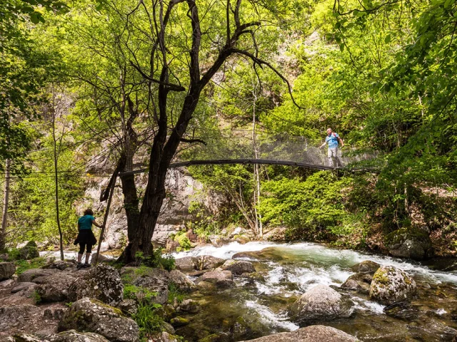 Deux randonneurs traversent un pont suspendu au-dessus d’un torrent dans les Gorges de la Carança. Le pont métallique s’intègre dans un cadre naturel verdoyant entouré d’arbres et de rochers.