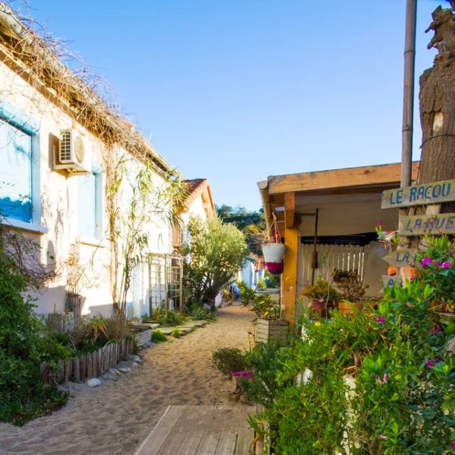 Petite allée sablonneuse bordée de maisons colorées au Racou, à Argelès-sur-Mer, avec des volets bleus, des plantes méditerranéennes et une atmosphère chaleureuse sous un ciel bleu clair.