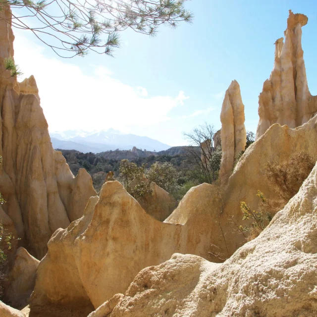 Les Orgues d’Ille-sur-Têt, formations rocheuses naturelles aux formes élancées sous un ciel bleu.