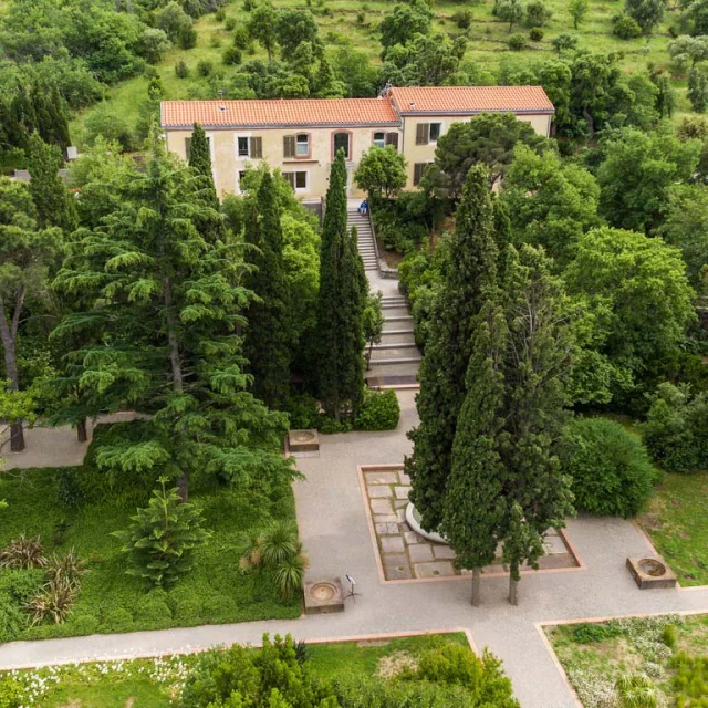Vue aérienne du site des anciennes dynamiteries Alfred Nobel à Paulilles, entouré d’une végétation dense avec des cyprès et des pins. Au centre, une allée bordée d’arbres mène à un bâtiment ocre aux tuiles rouges, symbole de la réhabilitation paysagère du lieu.