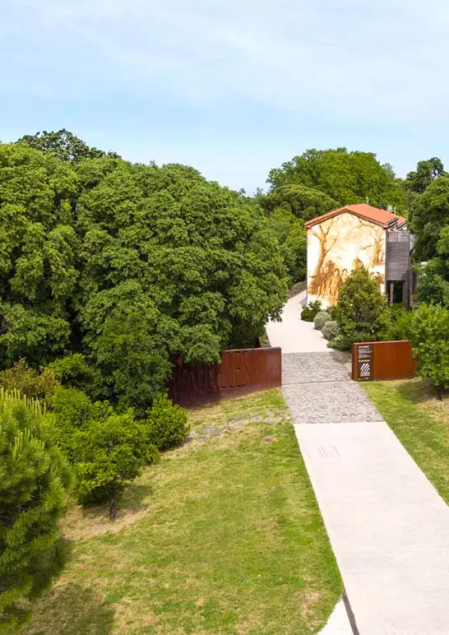 Vue aérienne de l’entrée du site des anciennes dynamiteries Alfred Nobel à Paulilles. Un chemin pavé traverse un espace verdoyant menant à un bâtiment restauré, orné d’une fresque murale représentant des ouvriers du site, entouré d’arbres et de végétation dense.