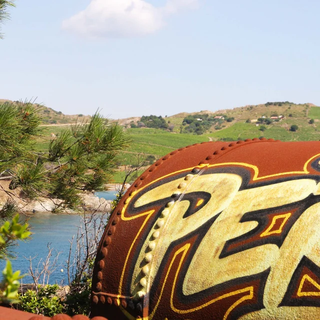 Vue sur la baie de Paulilles à travers des pins méditerranéens, avec au premier plan une ancienne cuve métallique rouillée ornée de graffitis colorés, et en arrière-plan les collines verdoyantes plantées de vignes descendant vers la mer.