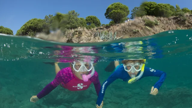 Deux personnes équipées de masques, tubas et palmes nagent main dans la main près de la surface dans une eau claire, avec en arrière-plan la côte rocheuse et la végétation méditerranéenne.