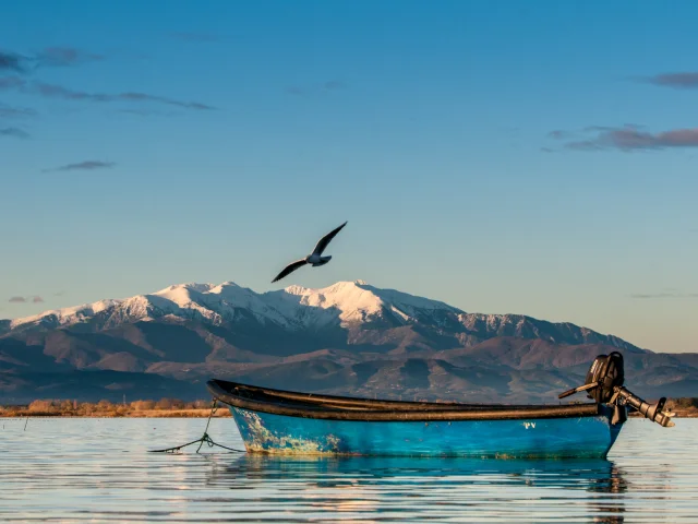 Barque bleue sur l’étang de Canet-Saint-Nazaire avec le Canigó enneigé et un oiseau en vol au-dessus.