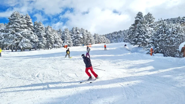 Skieurs et snowboarders sur une piste enneigée bordée de sapins chargés de neige sous un ciel bleu partiellement nuageux.