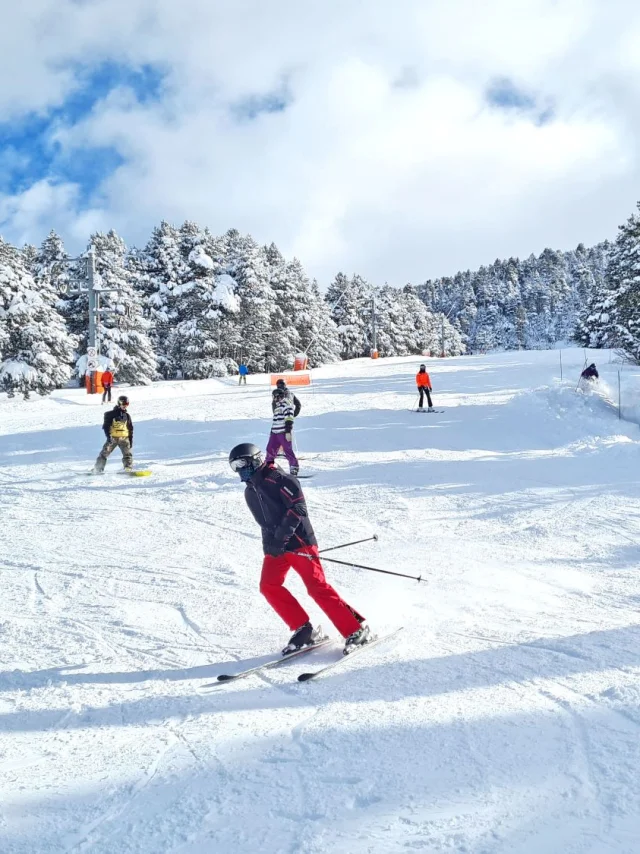 Skieurs et snowboarders sur une piste enneigée bordée de sapins chargés de neige sous un ciel bleu partiellement nuageux.