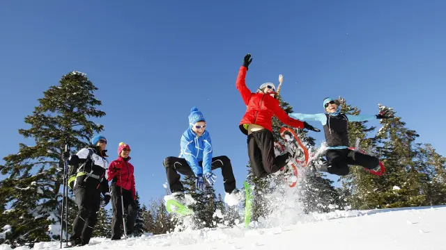 Groupe de randonneurs en raquettes sautant dans la neige sous un ciel bleu dans les Pyrénées catalanes.