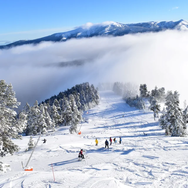 Skieurs sur une piste enneigée bordée d’arbres, avec un télésiège en fonctionnement et une mer de nuages recouvrant les vallées en contrebas sous un ciel bleu.