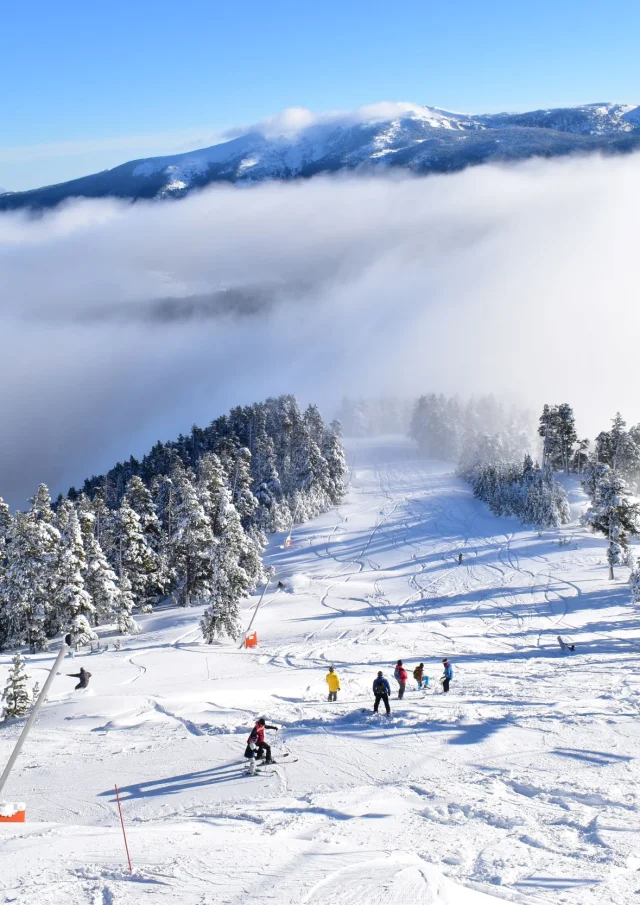 Skieurs sur une piste enneigée bordée d’arbres, avec un télésiège en fonctionnement et une mer de nuages recouvrant les vallées en contrebas sous un ciel bleu.