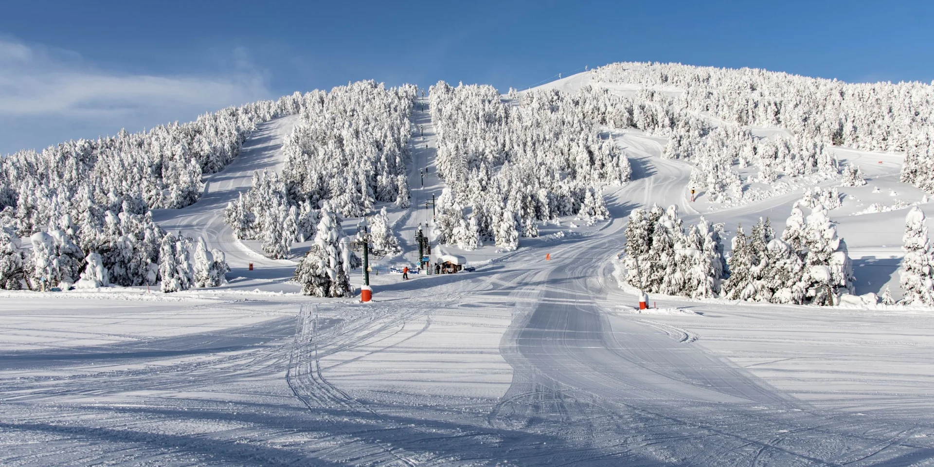 Vue sur les pistes enneigées de la station des Angles, bordées de forêts de sapins sous un ciel bleu dégagé.