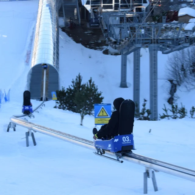 Personnes descendant une piste enneigée à bord de luges sur rail Lou Bac Mountain, à la station de ski des Angles.