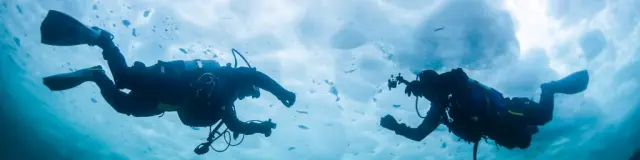 Deux plongeurs équipés de combinaisons étanches et de bouteilles d’oxygène nagent sous une couche de glace épaisse. La lumière du jour filtre à travers la surface gelée, créant des reflets bleutés dans l’eau.