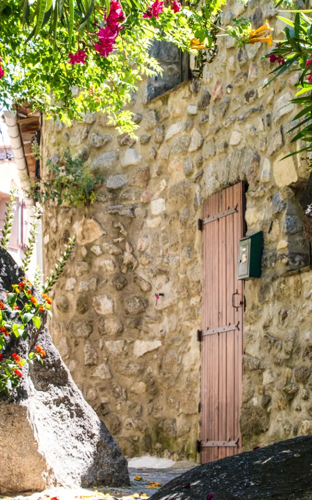 Ruelle en pierre bordée de gros rochers et de plantes fleuries, avec une porte en bois fermée sous une lumière ensoleillée.