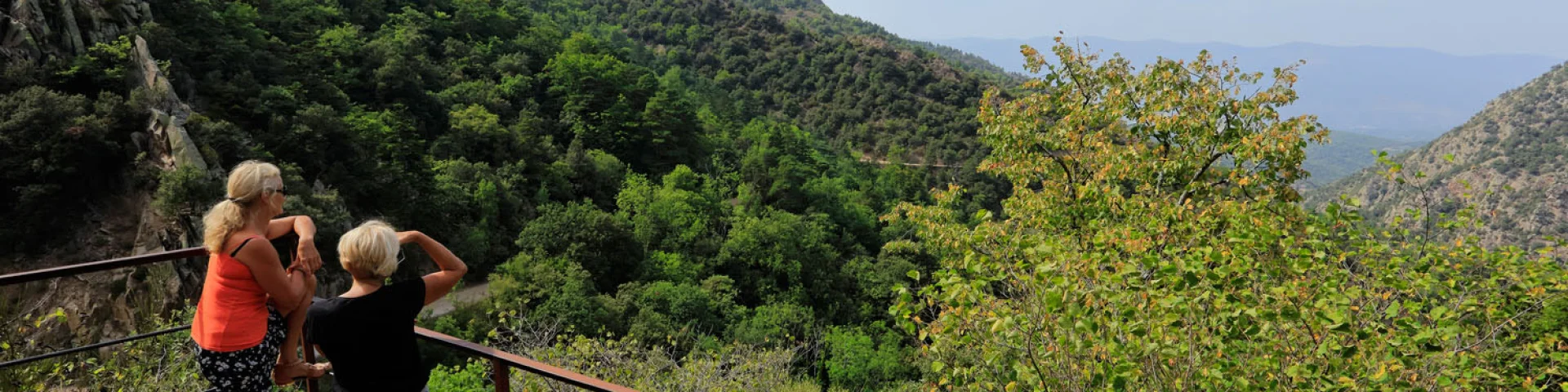 Deux personnes observent un paysage de vallées boisées depuis une plateforme surplombant une zone montagneuse.