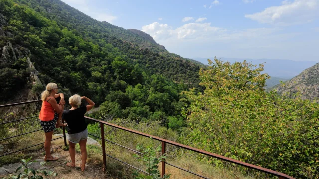 Deux personnes observent un paysage de vallées boisées depuis une plateforme surplombant une zone montagneuse.