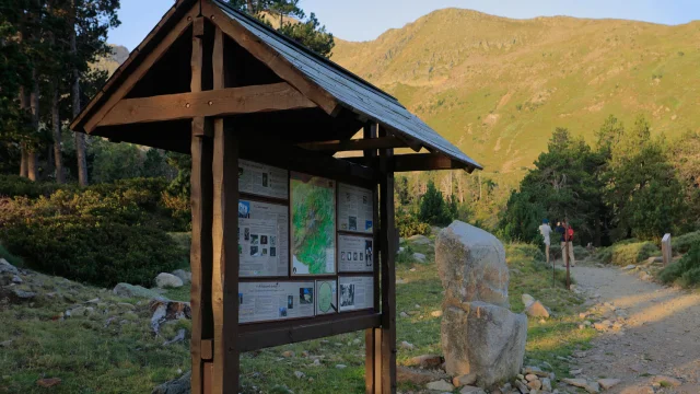 Panneau d’information en bois près d’un sentier pierreux en montagne, entouré d’arbres et de pentes herbeuses.