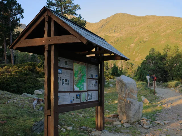 Panneau d’information en bois près d’un sentier pierreux en montagne, entouré d’arbres et de pentes herbeuses.