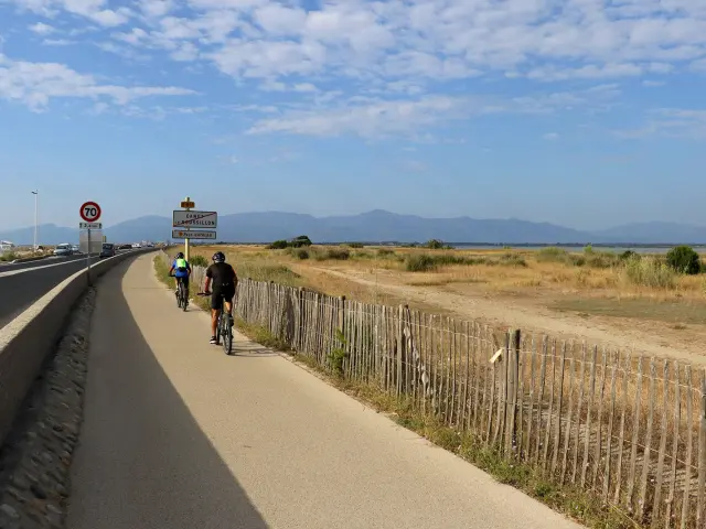 Cyclistes roulant sur une piste aménagée longeant une route et une zone naturelle.