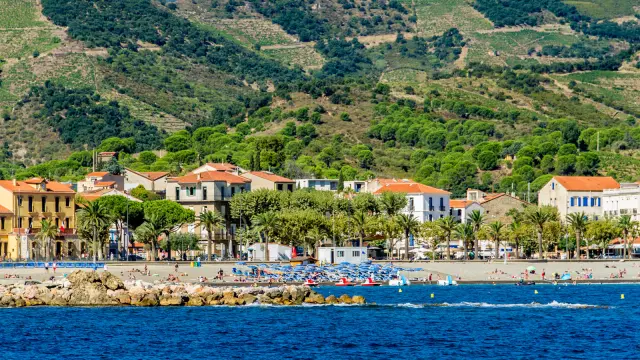 Vue de la plage au pied des collines verdoyantes