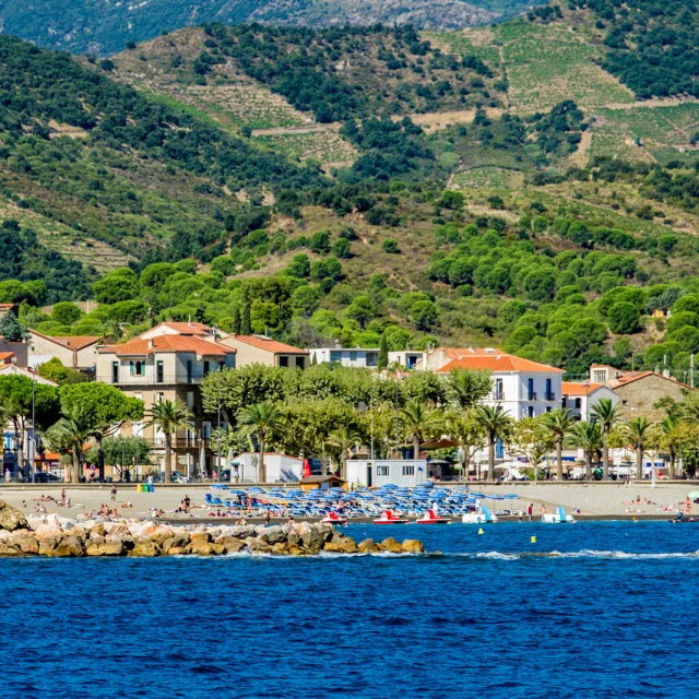 Vue de la plage au pied des collines verdoyantes