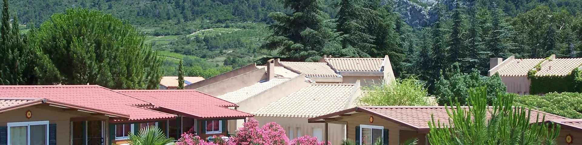 Hébergements entourés de lauriers-roses et de végétation, avec un massif rocheux en arrière-plan.