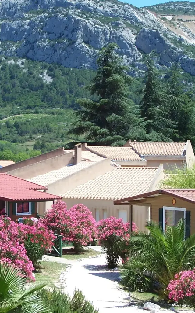 Hébergements entourés de lauriers-roses et de végétation, avec un massif rocheux en arrière-plan.