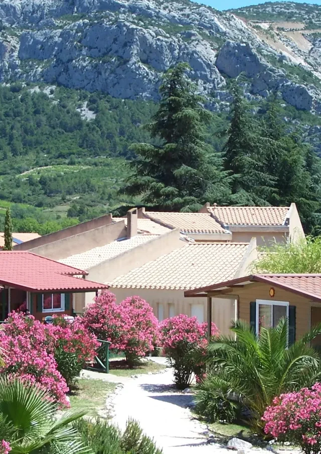 Hébergements entourés de lauriers-roses et de végétation, avec un massif rocheux en arrière-plan.