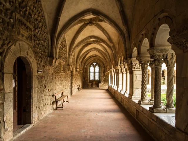 Galerie du cloître en pierre avec voûtes gothiques et colonnes sculptées donnant sur un jardin intérieur.
