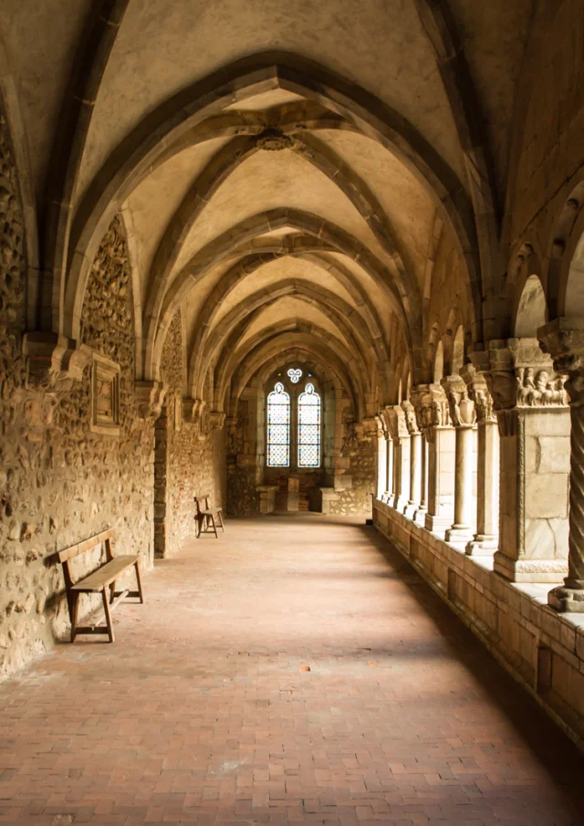 Galerie du cloître en pierre avec voûtes gothiques et colonnes sculptées donnant sur un jardin intérieur.