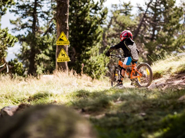 Enfant équipé de protections descendant à VTT sur un sentier, avec panneaux signalant pente forte et virages.